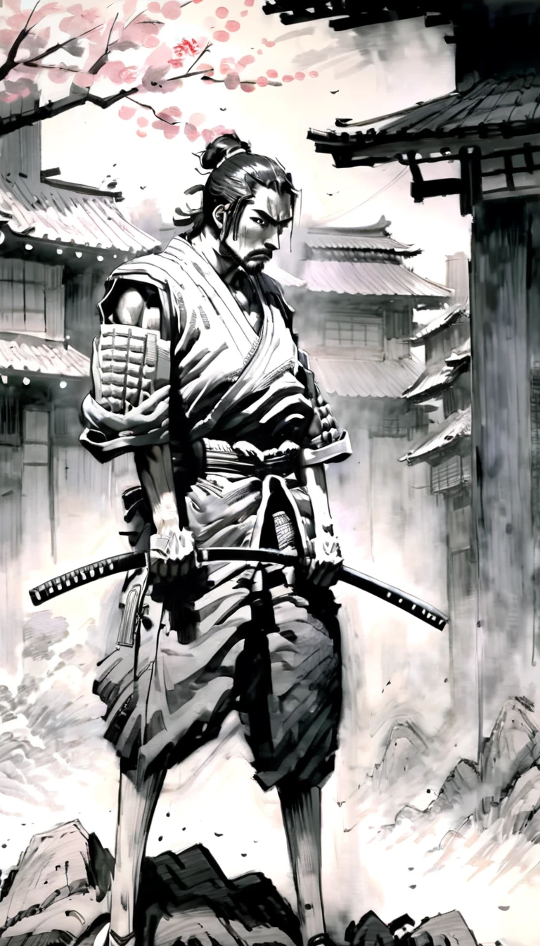 Draw Mix 6, dwx6,A pencil drawing of a tense moment as a lone Japanese samurai, Calm and determined, 影から現れる多数のNinjaと対決する. A samurai stands in the foreground, His armor is detailed, He drew his sword and got it ready.. Ninja, Drawn with dynamic brushstrokes, Appearing like a whisper in the mist, Their movements are smooth and menacing.. The setting is an ancient Japanese landscape., A temple and cherry blossom trees are depicted in the background., Add a gentle contrast to the impending battle,Create a hyper-realistic and cool image of Miyamoto Musashi using his two-sword technique (Katana and Wakizashi). Musashi is in a dynamic battle stance, showcasing his mastery of Niten Ichi-ryu. He wears traditional samurai armor, and the background is a dramatic battlefield with smoky skies, emphasizing the historical context. Highlight his intense focus and determination, capturing the essence of a formidable warrior. Use strong light and shadow contrasts to enhance the dynamic feel of the image.