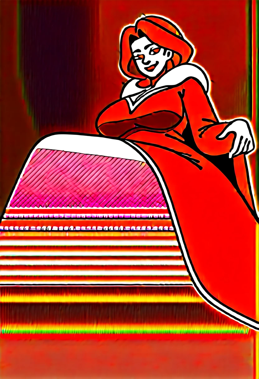 A beautiful woman sitting on a throne, pale skin and flowing red hair, dutchess in modest adornment, modest clothing, full dress, brown and red clothes, fur collar, pants under dress, warm colours, mature woman, sharp features, sly smile, married woman