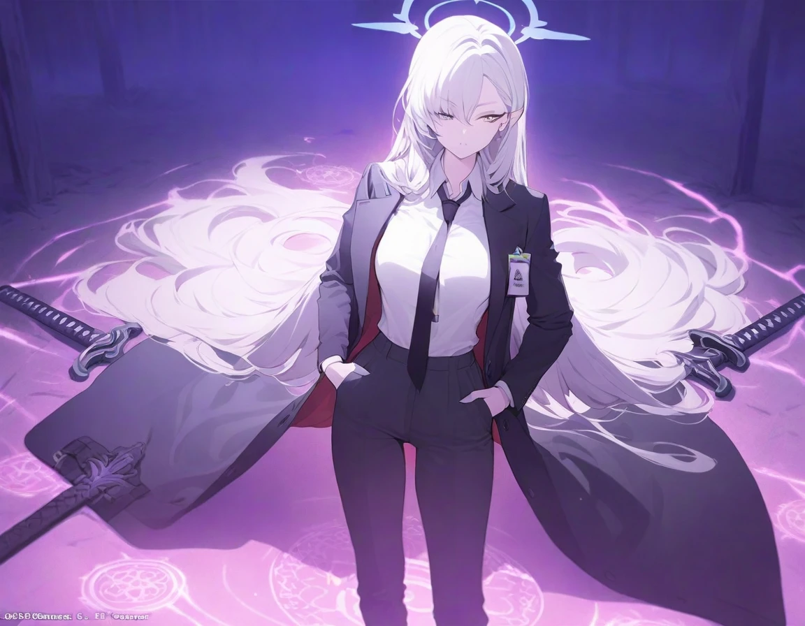 (Highest quality), (High resolution), (masterpiece), (Super detailed), (Highest quality), (High resolution), (masterpiece), (Super detailed), (Bright saturation), Long Hair, White Hair, Heterogeneous eyes: purple left eye and blue right eye, Blue Archive Art Style, One girl, With a black sword, Left hand in pocket,  girl, (Black long coat, White shirt, Black tie, Black trousers, suit,) whole body, Countless swords are stuck in the ground, Magic circle in the background, Expressionless, Dark Aura, Black Light, Vivid saturation, Black Light輪