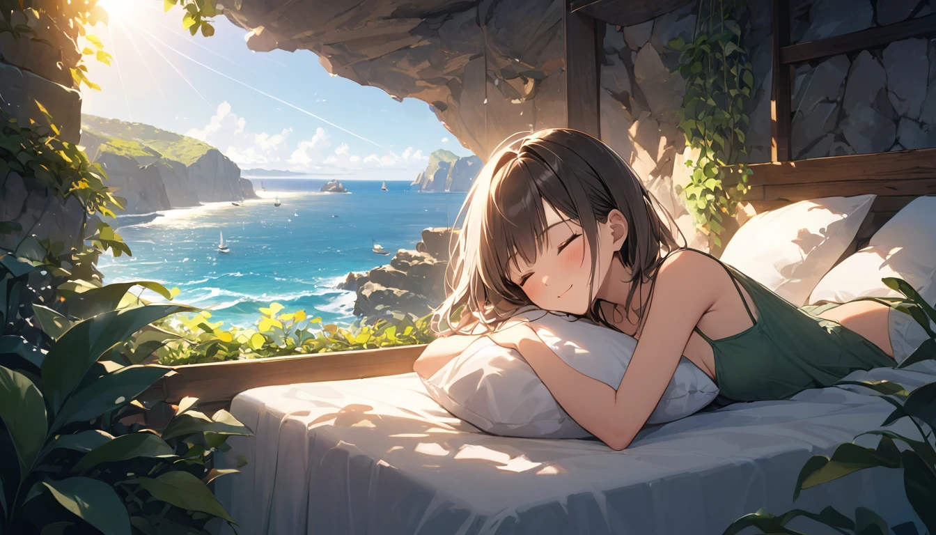 16: 9 full image, (Best Quality, Masterpiece, ultra high resolution, ultra detailed:1.2) ,(girl sleeping under the sun),16 years old,Closed eyes,SMILE,soft lighting,The background features rocky cliffs overlooking the sea., boats floating in it, green plants, and the sunlight shining through them on his face. wearing camisole. creating a warm environment.