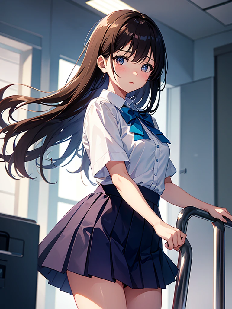master piece, extremely detailed, high resolution,Makoto Shinkai style、high school girl、1 girl、Upper body only、Short-sleeved shirt、Blue bow tie、Glossy, plump lips、Shiny Hair、Brown Hair、Long Straight Hair、Mid-chest、Narrow waist、Checkered mini skirt、Climbing an escalator、Backwards、Looking up from below、Skirt is held back、You can see inside the skirt from behind、Embarrassed look、Looking at me shyly、Red cheeks、