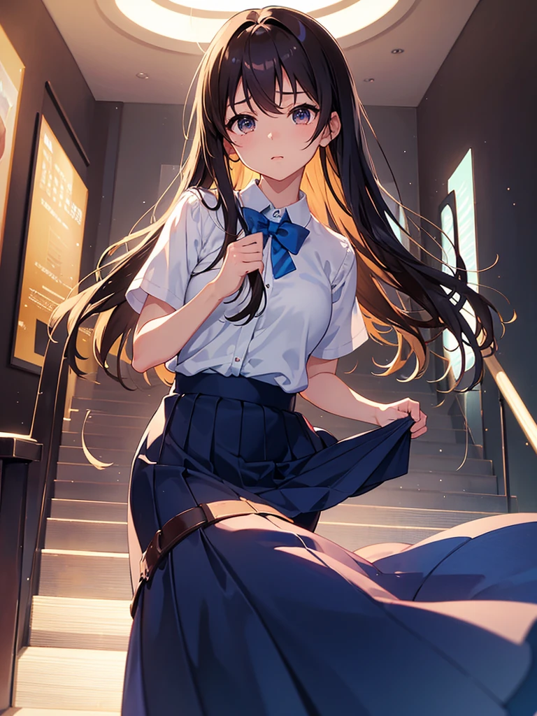 master piece, extremely detailed, high resolution,Makoto Shinkai style、high school girl、1 girl、Upper body only、Short-sleeved shirt、Blue bow tie、Glossy, plump lips、Shiny Hair、Brown Hair、Long Straight Hair、Mid-chest、Narrow waist、Checkered mini skirt、Climbing an escalator、Backwards、Looking up from below、Skirt is held back、You can see inside the skirt from behind、Embarrassed look、Looking at me shyly、Red cheeks、