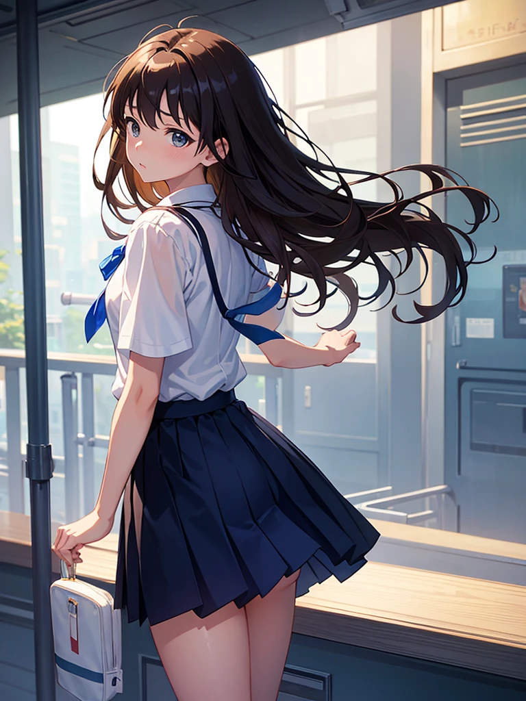 master piece, extremely detailed, high resolution,Makoto Shinkai style、high school girl、1 girl、Upper body only、Short-sleeved shirt、Blue bow tie、Glossy, plump lips、Shiny Hair、Brown Hair、Long Straight Hair、Mid-chest、Narrow waist、Checkered mini skirt、Climbing an escalator、Backwards、Looking up from below、Skirt is held back、You can see inside the skirt from behind、Embarrassed look、Looking at me shyly、Red cheeks、