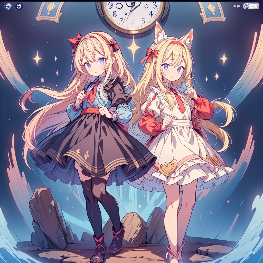 (Tabletop, Highest quality、Super detailed、Super detailedな目), (Perfect athletic body:1.2), (Fine hair), Super detailed, Anime Style, whole body, alone, Fantasy Blonde Hair, Blue Eyed Girl, Apron dress like Alice in Wonderland, Playing cards with your hands, Red Hairband, Black-purple miasma swirls, There are many whispers of the floating black devil, Nightmarish sights, Standing in the Wilderness, High heel boots, Digital Painting, 8K high resolution, Trend Art Station, whole body, Bad smile,background_Distorted clock:1.5、