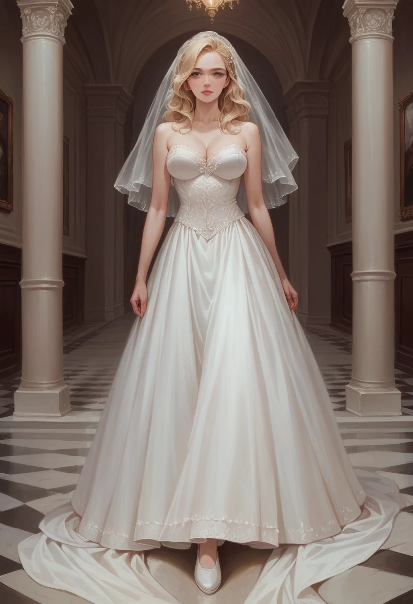 hyperrealistic art cinematic film still lower angle photography in the style of detailed hyperrealism photoshoot . (beautiful  wedding dress walking towards) Extremely high-resolution details, photographic, realism pushed to extreme, fine texture, incredibly, blonde woman
