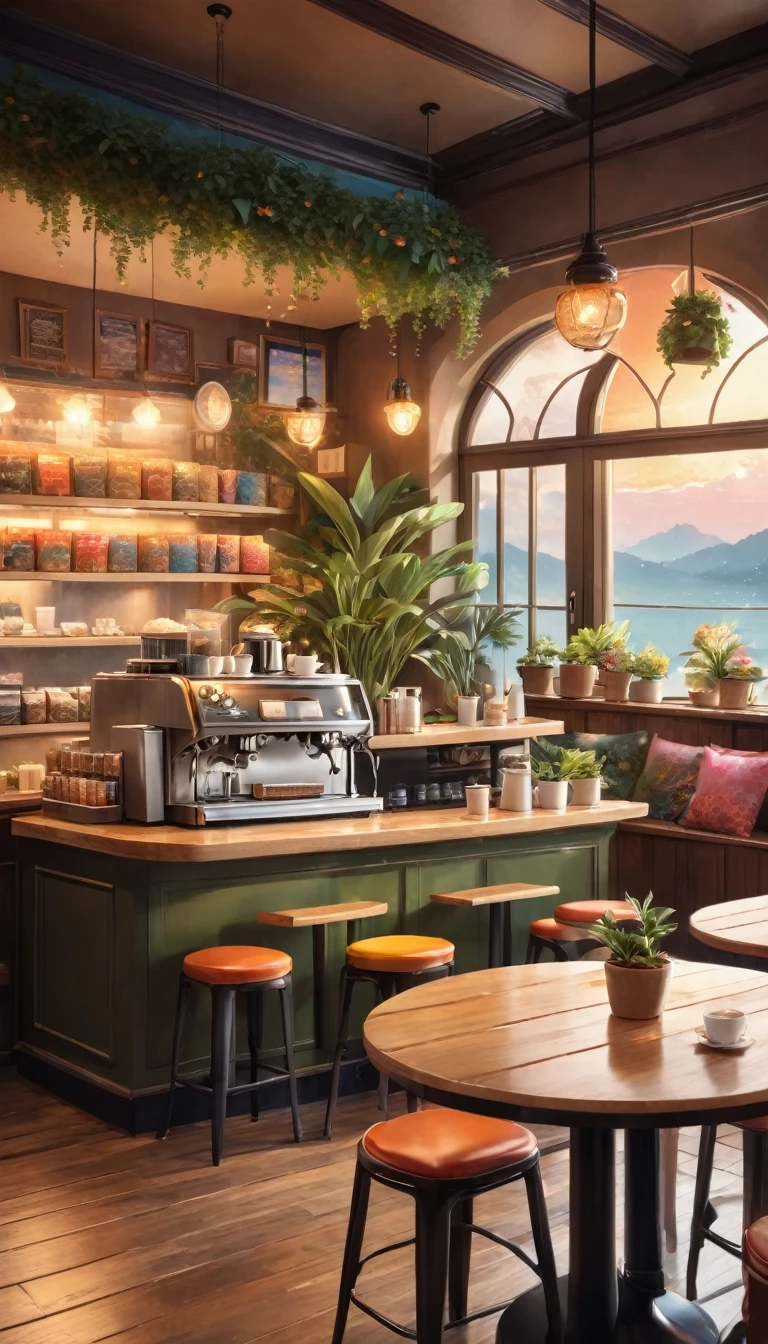 Anime-style, the interior of a coffee shop is illustrated with intricate details and vibrant colors. Delicate steam rises from the hot cappuccino coffee on the table, seats are with soft and colorful cushions, a lot of potted plants, adding to the cozy and inviting atmosphere. Soft lighting casts a warm and beautiful glow over the dreamy scene, it's evening time, making it an ideal place to unwind and escape reality. (Prompt B and C) Anime-style coffee shop interior, hot coffee steaming on the table, creating a cozy, beautiful and dreamy ambiance. (High resolution, 8k) Super detailed anime illustration of a coffee shop interior, showcasing a hot cup of coffee on a table, evoking a warm and cozy