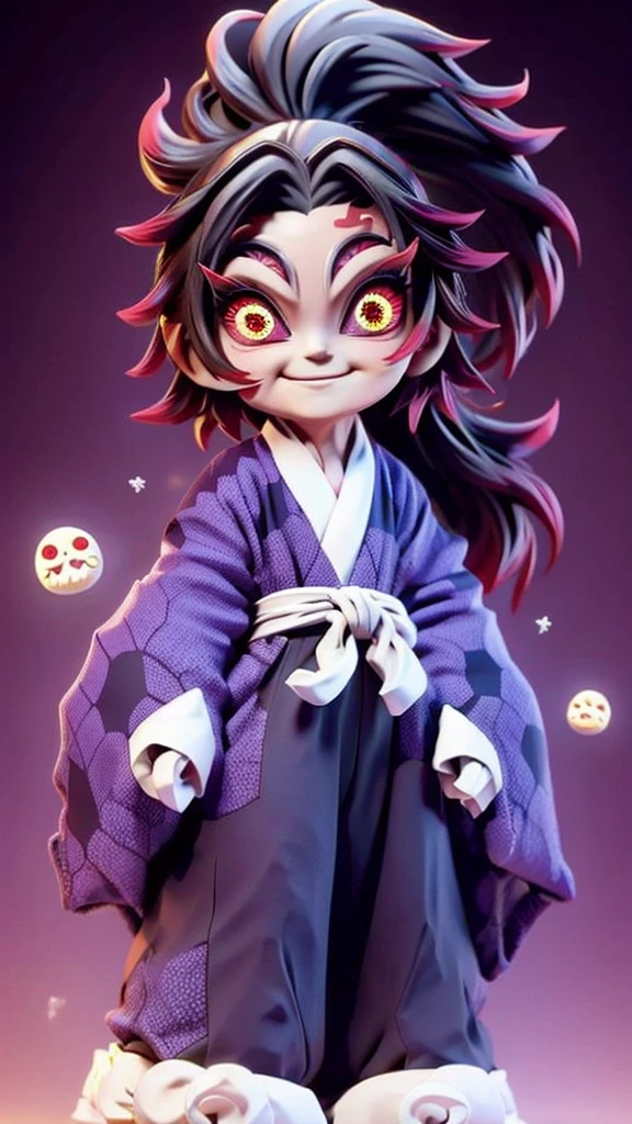 cute、Mini character、Fantasy、Smiling、Rainbow Eyes、Flying happily、Long Hair、ponytail、Six Eyes、Dark kimono and hakama、Eyes６There are、Ghost、楽しそうに飛んでいる