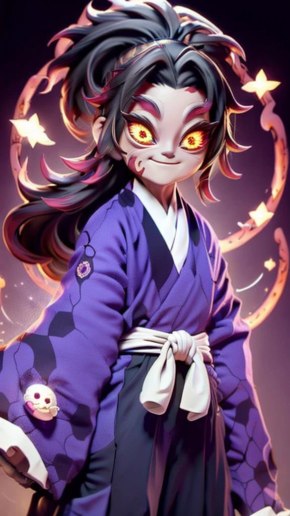 cute、Mini character、Fantasy、Smiling、Rainbow Eyes、Flying happily、Long Hair、ponytail、Six Eyes、Dark kimono and hakama、Eyes６There are、Ghost、楽しそうに飛んでいる