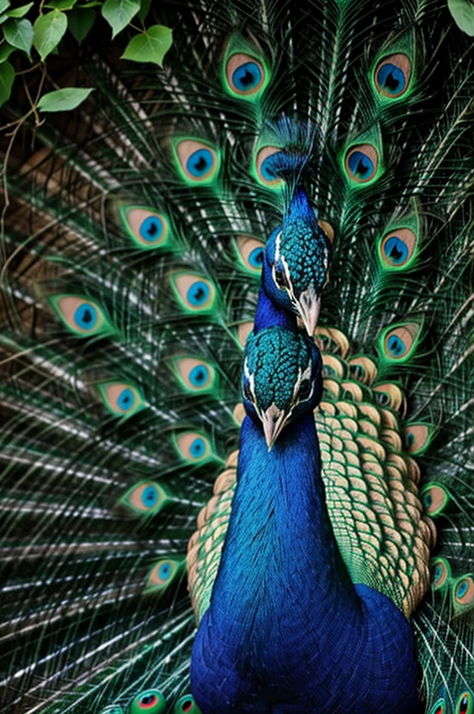 Peacock is shy, closing its feathers and watching other animals playing