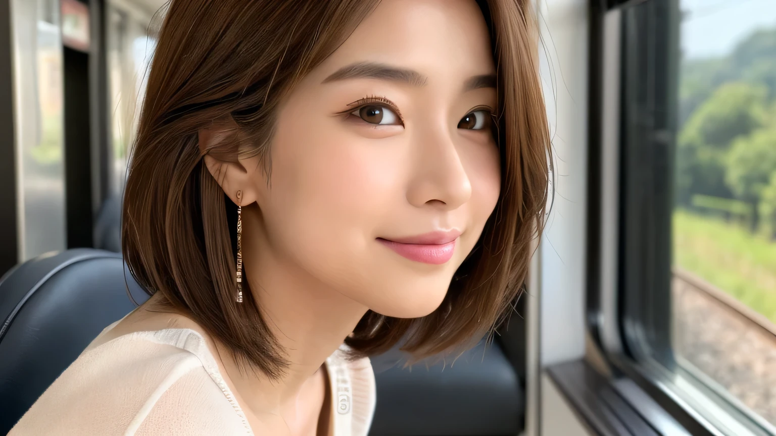 ((Masterpiece,Photo realistic)), (((8K,Best Quality: 1.5))), ((Super Detail: 1.5)) , Cute Woman,Beautiful woman,Japanese,Age 25,((inside the train)),Ultra-detailed facial features, smile, Detailed Texture, Natural Skin Shader, photograph,Upper Body,Ultra-high resolution,Beautiful Japanese women,(((feminine beige blouse,best quality))),Realistic eyes,Brown eyes,Realistic Skin,Golden Ratio,((Brown Hair,bob Hair:1.3,1 girl)),Glowing, firm and radiant skin