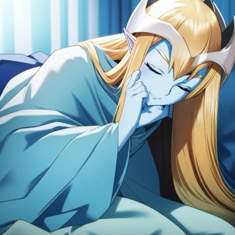 mysticalygo, mystical elf, smile, eyes closed, blue dress, long skirt, blue skin, blue cloak, cape, long robe, blonde hair, long hair, Yugioh, overly long sleeves, no hands, bed, sitting, bedroom, on side, Dutch angle 