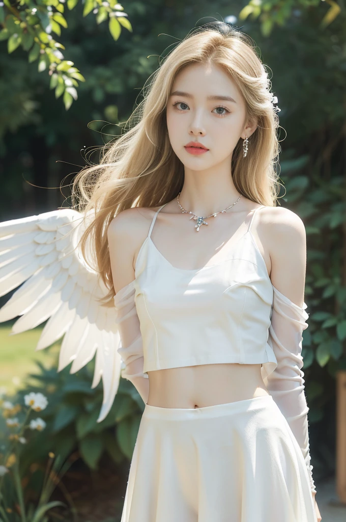 (((best quality))), (((ultra detailed))), (((masterpiece))), illustration,((1 beautiful little girl,solo,angel)),((fair skin,shoulder length straight blonde hair,blue eyes)),(earrings,crystal necklace),((slim,thin,small breasts,flat chest)),joyful expression,(white wings:1.3),(flowing short-sleeved white sheer dress:1.3),((In heaven, garden setting)), vibrant flowers,(colorful flowers:1.3),lush grass, gentle breeze, (clear sky, fluffy clouds, shining sun),((navel)),((from front,standing,upper body,arms behind back)),((pantyhose))