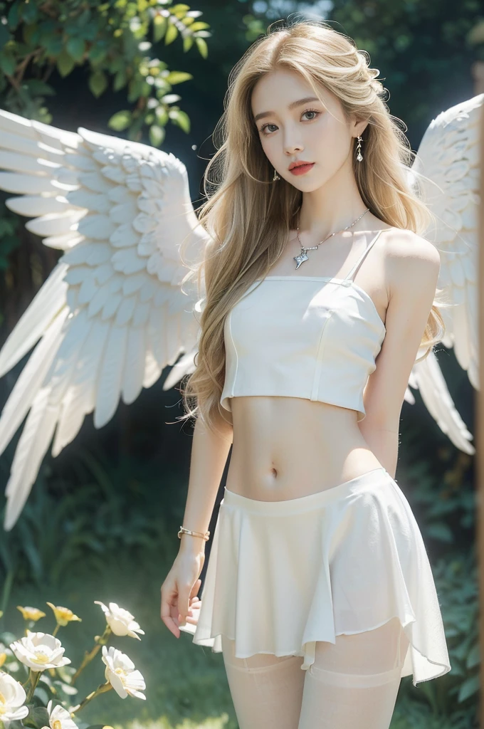 (((best quality))), (((ultra detailed))), (((masterpiece))), illustration,((1 beautiful little girl,solo,angel)),((fair skin,shoulder length straight blonde hair,blue eyes)),(earrings,crystal necklace),((slim,thin,small breasts,flat chest)),joyful expression,(white wings:1.3),(flowing short-sleeved white sheer dress:1.3),((In heaven, garden setting)), vibrant flowers,(colorful flowers:1.3),lush grass, gentle breeze, (clear sky, fluffy clouds, shining sun),((navel)),((from front,standing,upper body,arms behind back)),((pantyhose))