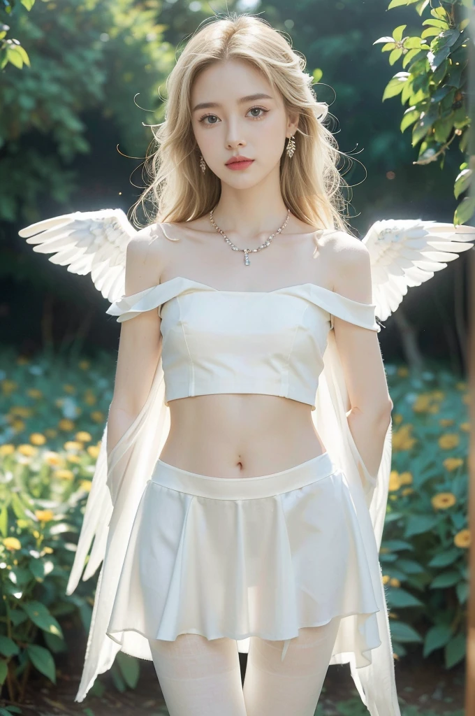 (((best quality))), (((ultra detailed))), (((masterpiece))), illustration,((1 beautiful ,solo,angel)),((fair skin,shoulder length straight blonde hair,blue eyes)),(earrings,crystal necklace),((slim,thin,small breasts,flat chest)),joyful expression,(white wings:1.3),(flowing short-sleeved white sheer dress:1.3),((In heaven, garden setting)), vibrant flowers,(colorful flowers:1.3),lush grass, gentle breeze, (clear sky, fluffy clouds, shining sun),((navel)),((from front,standing,upper body,arms behind back)),((pantyhose))