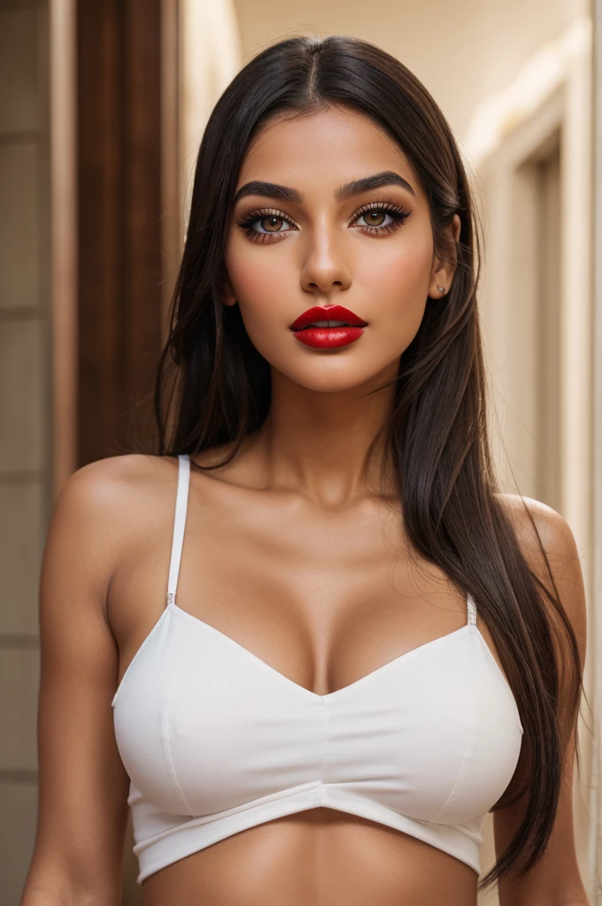 A girl with only white eyeshadow and bold red lipstick with brown eyes and olive skin ultra detailed and hyper realistic