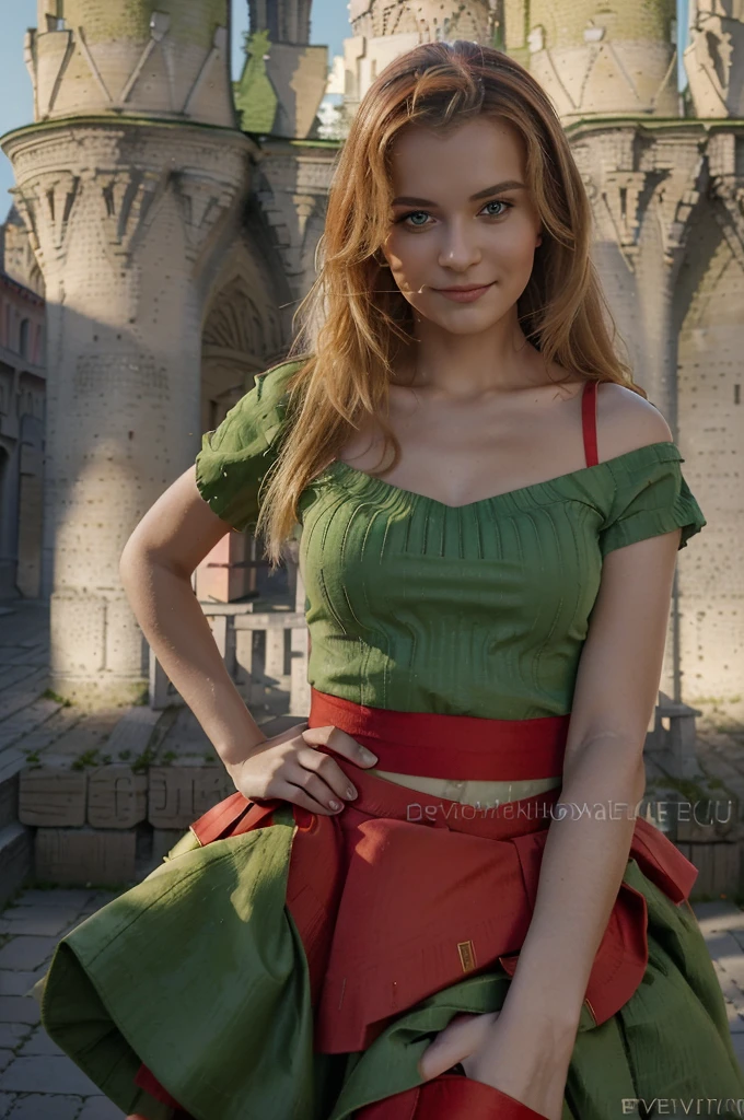 belle robe de soirée rouge , Lituania, pretty women blonde standing up, (((wear a green top)), (((wear a red skirt))), Vilnius place, smirk, ((((devant la Grande place de la cathédrale de Vilnius))))