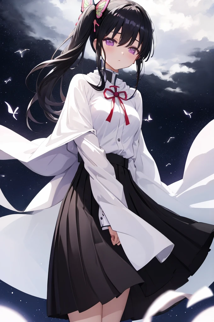 (masterpiece:1.3), (best quality:1.1), (8k, ultra detailed, ultra high res:1.2), ((anime style)), perfect 5 fingers, perfect anatomy, (arms behind back:1.3),  
1girl,
Kanao Tsuyuri, 
BREAK long hair, side ponytail, 
black hair, 
purple eyes, (empty eyes:1.3), 
butterfly hair ornament, 
(medium breasts:0.9),  
BREAK long sleve, pleated skirt, (white cape with ribbon), looking at viewer, 
cowboy shot, 
perfect light, 
waving, outdoors, field, night, night sky, starry sky,