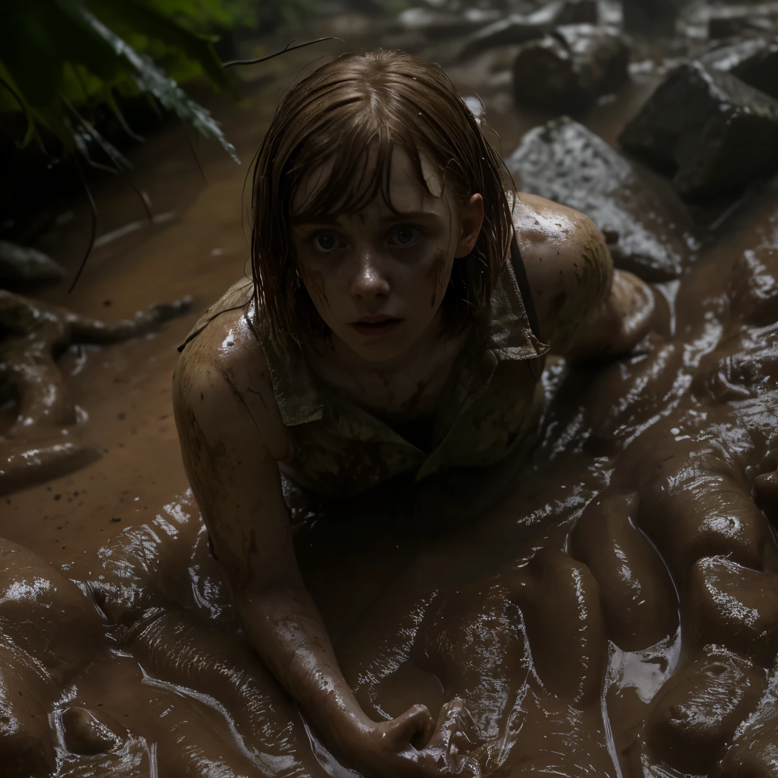 hot cleverage Terrified Sophia Lillis in water in torn up ruined clothes showing torso in background of fantastic jungle and muddy ground, clear white skin, wet and muddy, scratches everywhere, face dirty photography, natural light, photorealism, cinematic rendering, ray tracing, the highest quality, the highest detail, Cinematic, Third-Person View, Blur Effect, Long Exposure, 8K, Ultra-HD, Natural Lighting, Moody Lighting, Cinematic Lighting