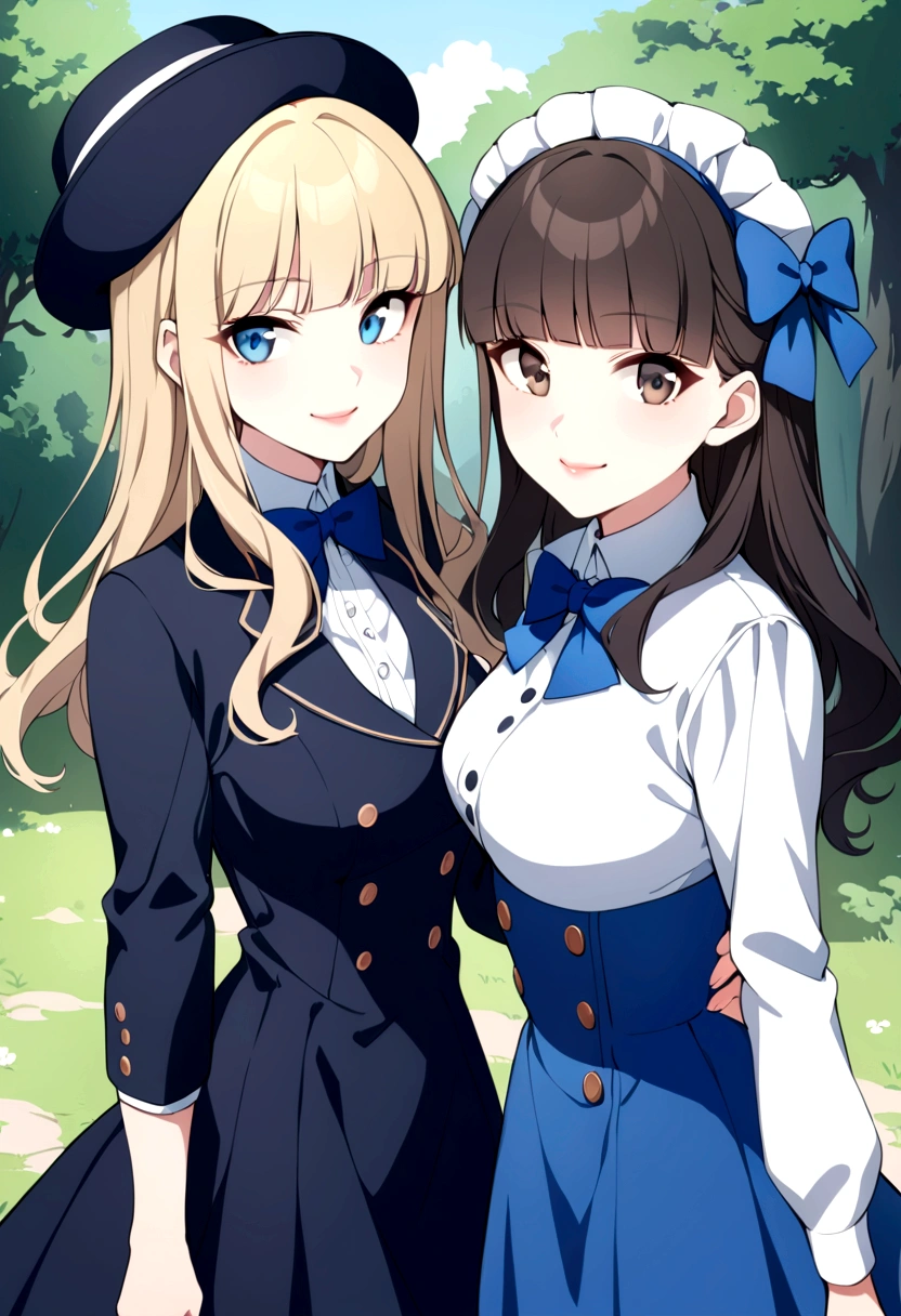 slender, mature female,rating:safe, multiple_girls, hat, brown_hair, long_hair, blonde_hair, bow, lips, black_hair, blue_eyes, brown_eyes, bangs, looking_at_viewer, short_hair, 2girls, smile, blunt_bangs, dress, bowtie, black_eyes, blue_dress, oldschool, buttons, nature, day,