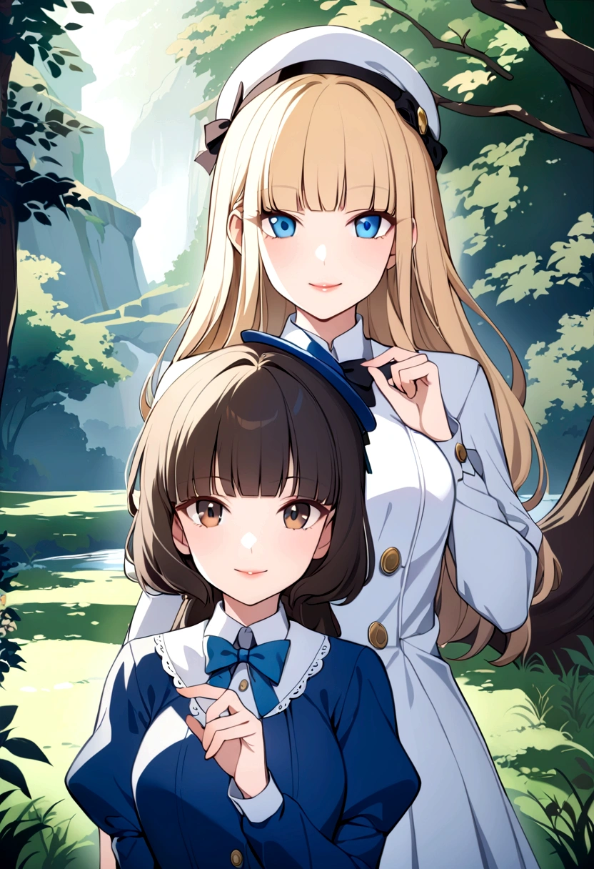 slender, mature female,rating:safe, multiple_girls, hat, brown_hair, long_hair, blonde_hair, bow, lips, black_hair, blue_eyes, brown_eyes, bangs, looking_at_viewer, short_hair, 2girls, smile, blunt_bangs, dress, bowtie, black_eyes, blue_dress, oldschool, buttons, nature, day,