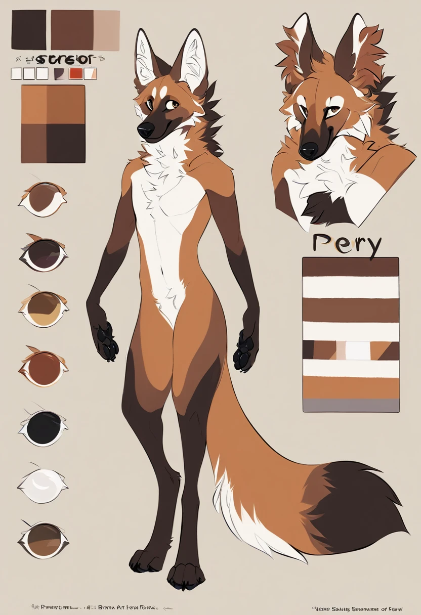 Solo, male, furry art, maned_wolf, fursona, ((canine)), (((brown primary fur))), white secondary, (perky ears), reference sheet, amazing art, masterfully executed, beautiful background, normal body, paws.