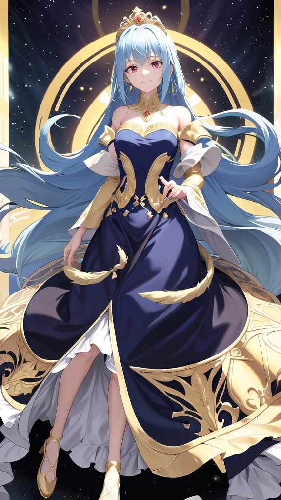 masterpiece, best quality, highres, rimuru tempest, blue hair, RED EYES, long hair, medium breasts, an adult girl, golden gown with a fitted bodice and a grand, floor-length skirt made of layers of tulle. Her long hair flows over her shoulders as she smiles warmly. The gown, featuring a high neckline and intricate beadwork, is paired with a golden tiara set with topazes, matching topaz earrings, and delicate gold slippers. Her kind and generous nature shines through, accentuated by a luxurious golden cloak fastened with an ornate brooch, highlighting her royal and happy aura, full body image, kind and generous nature, happy, SOLO,