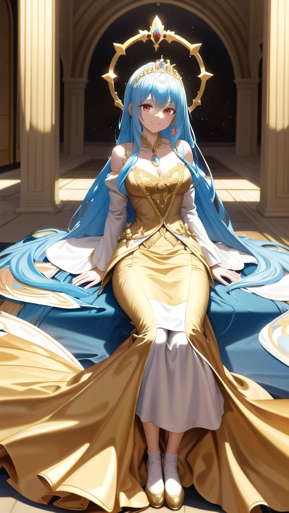 masterpiece, best quality, highres, rimuru tempest, blue hair, RED EYES, long hair, medium breasts, an adult girl, golden gown with a fitted bodice and a grand, floor-length skirt made of layers of tulle. Her long hair flows over her shoulders as she smiles warmly. The gown, featuring a high neckline and intricate beadwork, is paired with a golden tiara set with topazes, matching topaz earrings, and delicate gold slippers. Her kind and generous nature shines through, accentuated by a luxurious golden cloak fastened with an ornate brooch, highlighting her royal and happy aura, full body image, kind and generous nature, happy, SOLO,