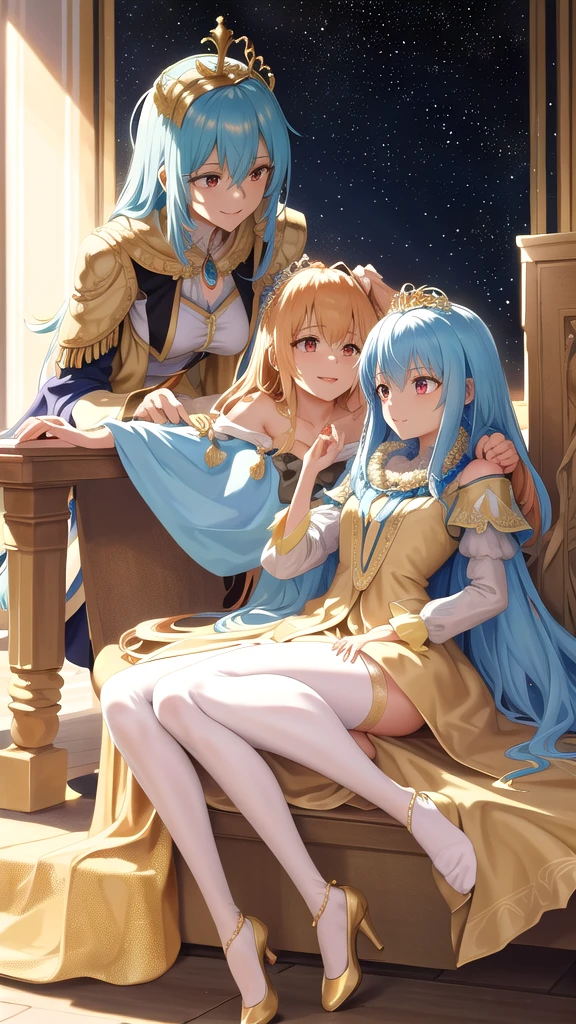 masterpiece, best quality, highres, rimuru tempest, blue hair, RED EYES, long hair, medium breasts, an adult girl, golden gown with a fitted bodice and a grand, floor-length skirt made of layers of tulle. Her long hair flows over her shoulders as she smiles warmly. The gown, featuring a high neckline and intricate beadwork, is paired with a golden tiara set with topazes, matching topaz earrings, and delicate gold slippers. Her kind and generous nature shines through, accentuated by a luxurious golden cloak fastened with an ornate brooch, highlighting her royal and happy aura, full body image, kind and generous nature, happy, SOLO,