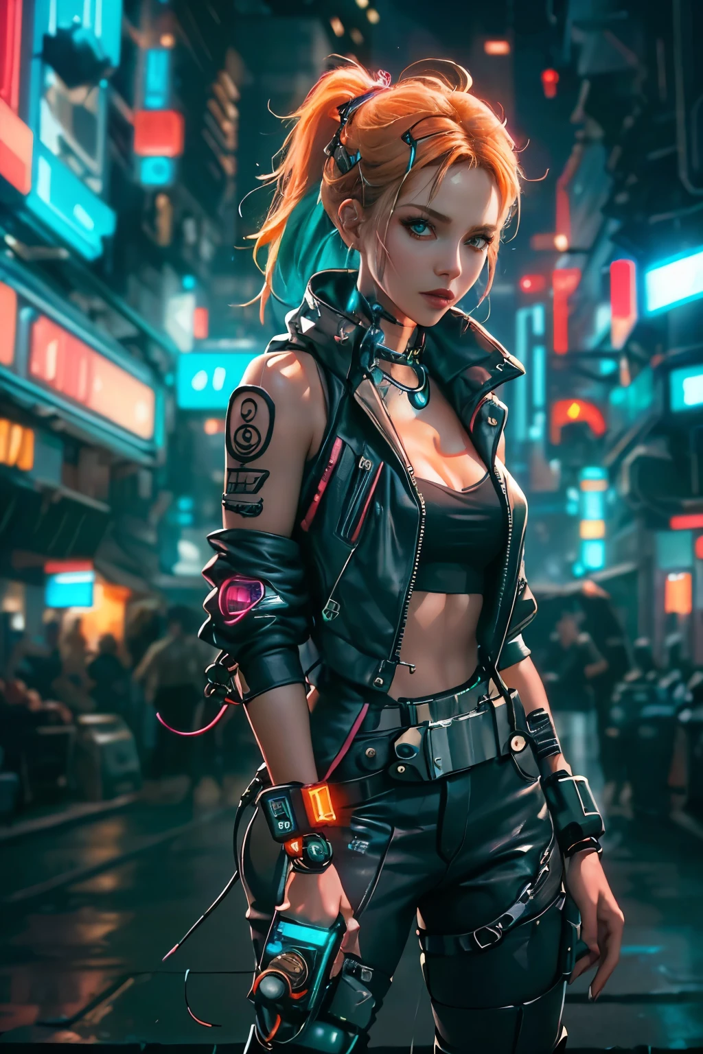 (photorealestic:1.4) image of a cyber punk girl, (top quality, 8K, 32k, ​masterpiece), (dynamic pose), ((looking at the camera)), (look into the camera), Cowboy-shot, Shapeless hair, Colorful hair, colorful cyberpunk clothing, Depth of field f/1.8, Cyberpunk city background, cinematic lighting.