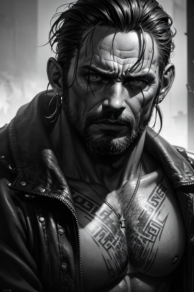 rugged and rough-looking gangsters, detailed tattoos, piercings, weathered coats, dark and gritty atmosphere, cinematic lighting, moody colors, high contrast, grungy textures, dramatic poses, intense expressions, (best quality,4k,8k,highres,masterpiece:1.2),ultra-detailed,(realistic,photorealistic,photo-realistic:1.37),dark and moody,cinematic,chiaroscuro lighting,moody color palette,gritty and grungy,intense expressions,dramatic poses