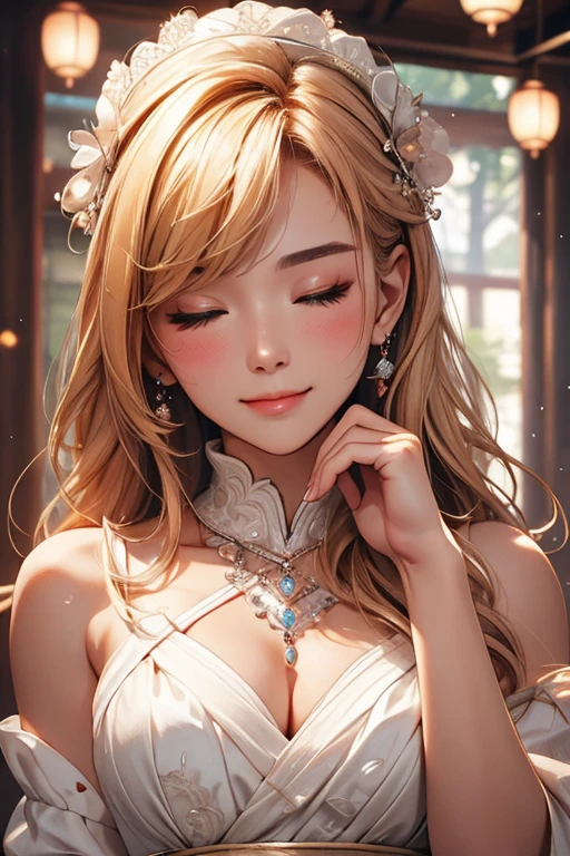 Highest quality、masterpiece、High sensitivity、High resolution、Detailed Description、Slender women、Slim Body、Kissing Face、close your eyes、blush、