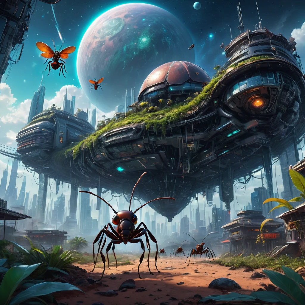 (Best quality, 4K, 8 k, A high resolution, masterpiece:1.2), ultra detailed, (realistic, фотоrealistic, фотоrealistic:1.37),Giant ants break through the cloud giant ants,big, like a planet,ультраrealistic реализм,Epic Dreams,Beautiful sci-fi art,Science fiction, digital art,Futuristic starry sky background,Beautiful sci-fi art, sci-fi digital art illustration, Digital cyberpunk art, Science fiction, digital painting, футуристическая digital painting, Futuristic concept art, Before the stars of a sci-fi city, Science fiction, digital art, передовое digital art киберпанка, Fantastic ants in cyberpunk style