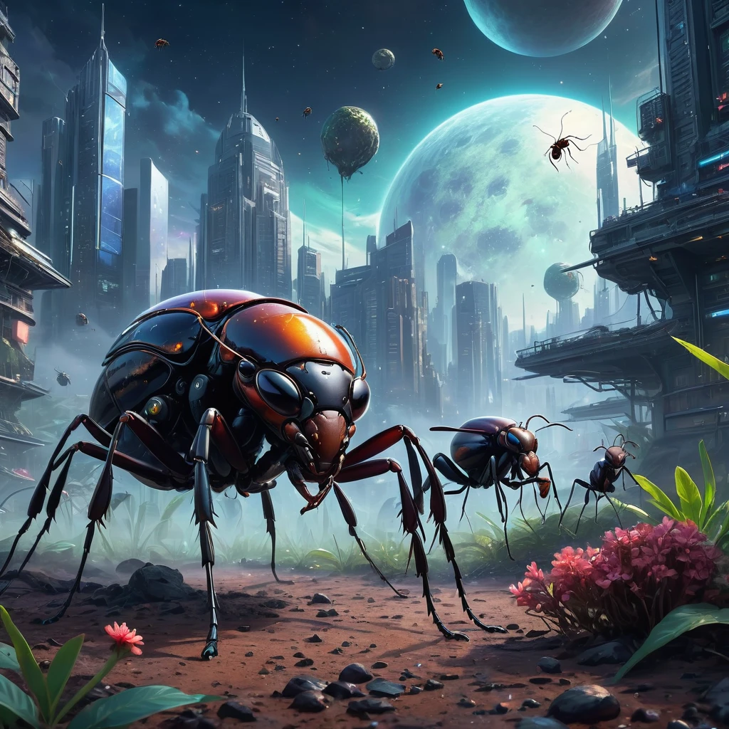 (Best quality, 4K, 8 k, A high resolution, masterpiece:1.2), ultra detailed, (realistic, фотоrealistic, фотоrealistic:1.37),Giant ants break through the cloud giant ants,big, like a planet,ультраrealistic реализм,Epic Dreams,Beautiful sci-fi art,Science fiction, digital art,Futuristic starry sky background,Beautiful sci-fi art, sci-fi digital art illustration, Digital cyberpunk art, Science fiction, digital painting, футуристическая digital painting, Futuristic concept art, Before the stars of a sci-fi city, Science fiction, digital art, передовое digital art киберпанка, Fantastic ants in cyberpunk style