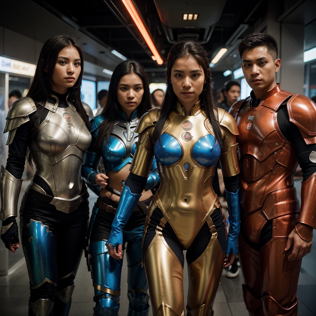 A group of humans, both men and women, with magical auras around their bodies, sci-fi armor, Thai patterns on the orange, red, and blue armor, high quality images.