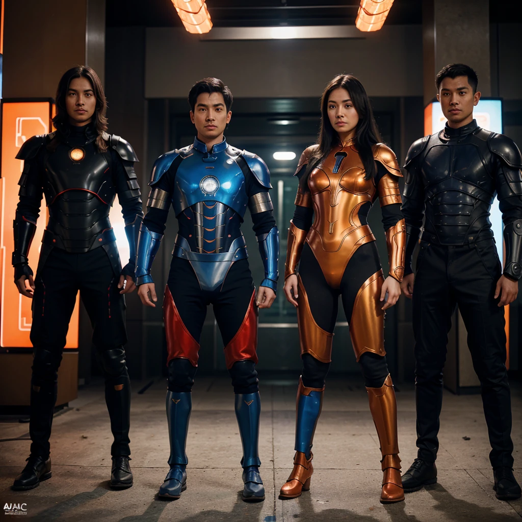 A group of humans, both men and women, with magical auras around their bodies, sci-fi armor, Thai patterns on the orange, red, and blue armor, high quality images.