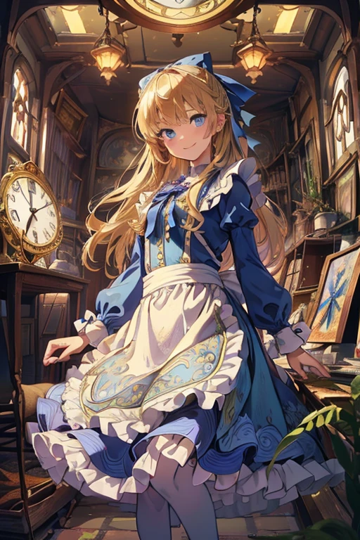 masterpiece, Highest quality, Very detailed, 16K, Ultra-high resolution, Cowboy Shot, Alice in Wonderland, (art nouveau:1.3), 10-year-old girl, Detailed face, smile, blue eyes,Blonde, Long Hair, Ribbon on head, Blue clothes, White apron, In a room with a big clock