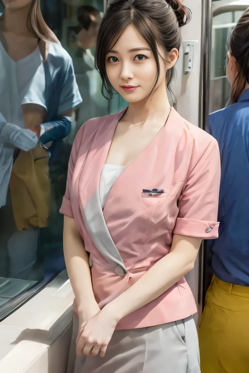 (masterpiece:1.2, Highest quality:1.2), 32k HDR, High resolution, (alone、1 girl)、 (Height: 160cm)、（On the rooftop of a building in the daytime、Professional Lighting）、Building rooftop background、（Nankai train crew uniform pinkを着たリアルスタイル）、（Nankai train crew uniform pink short sleeve collarless pink jacket、Nankai Train Crew Uniform Pink Collarless Short Sleeve Blouse、Nankai Train Crew Uniform Pink Grey Knee-length Culottes）、（The pink jacket is showing from the culottes.）、Dark brown hair、（Hair tied up、Hair tied up、Evening curly hairstyle）、Dark brown hair、Long Shot、Big Breasts、Thin legs、（（Great hands：2.0）），（（Harmonious body proportions：1.5）），（（Normal limbs：2.0）），（（Normal finger：2.0）），（（Delicate eyes：2.0）），（（Normal eyes：2.0））)、smile、（Nankai Train Crew Uniform Pink Grey Knee-length Culottesを見せた美しい歩く姿）、Place your hands around your stomach