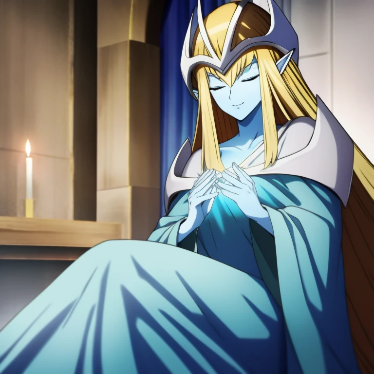 mysticalygo, mystical elf, smile, eyes closed, blue dress, long skirt, blue skin, blue cloak, cape, long robe, blonde hair, long hair, Yugioh, overly long sleeves, no hands, crouches, sitting, living room