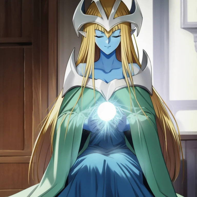 mysticalygo, mystical elf, smile, eyes closed, blue dress, long skirt, blue skin, blue cloak, cape, long robe, blonde hair, long hair, Yugioh, overly long sleeves, no hands, crouches, sitting, living room