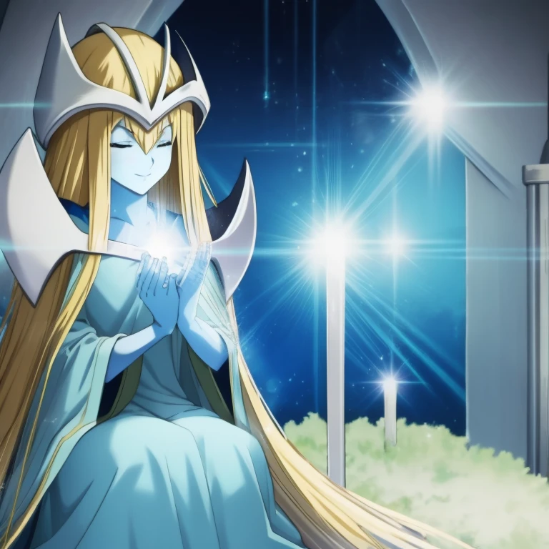 mysticalygo, mystical elf, smile, eyes closed, blue dress, long skirt, blue skin, blue cloak, cape, long robe, blonde hair, long hair, Yugioh, overly long sleeves, no hands, crouches, sitting, living room