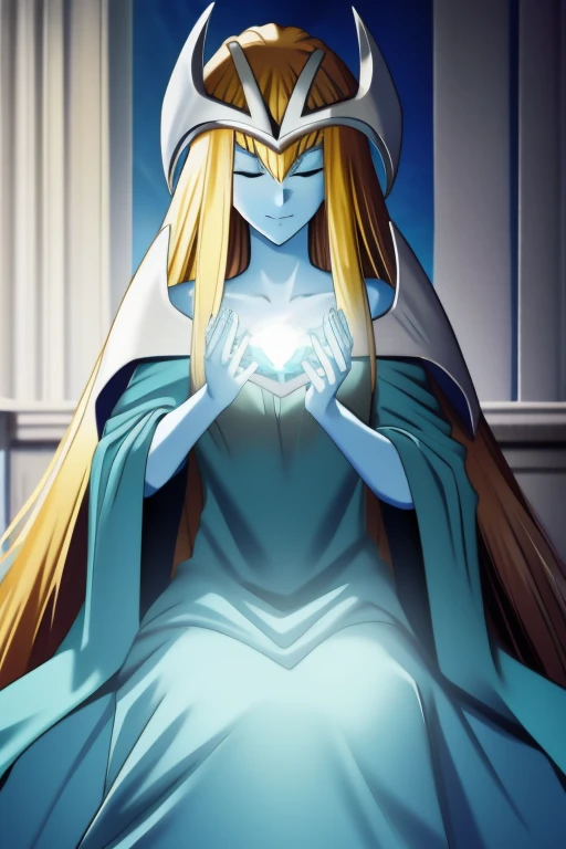 mysticalygo, mystical elf, smile, eyes closed, blue dress, long skirt, blue skin, blue cloak, cape, long robe, blonde hair, long hair, Yugioh, overly long sleeves, no hands, crouches, sitting, living room