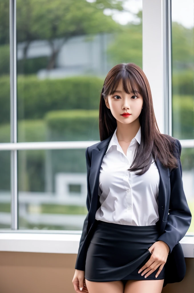 the most beautiful actress in the world, she is 18 years old, the perfect body proportions of this girl, tight blazer is firmly closed on formal shirt which is worn on her upper body, it's difficult for short skirt to cover panties between her bare legs because it is too short, her bare thighs, standing, window, clear sky, nsfw, best quality, highly detailed, masterpiece, ultra high res, photo realistic, 8k