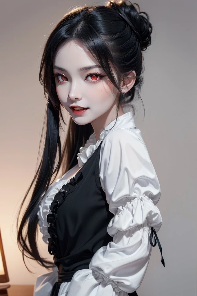 (1:1 girl solo half body portrait high quality) ((hot vampire girl) ((long balck hair styled half up in two side buns)) ((red eyes)) (((fangs)) ((sexy perfect body))) ((nadja from what we do in the shadows)) ((perfect porcelain skin)) beautiful girl forever young