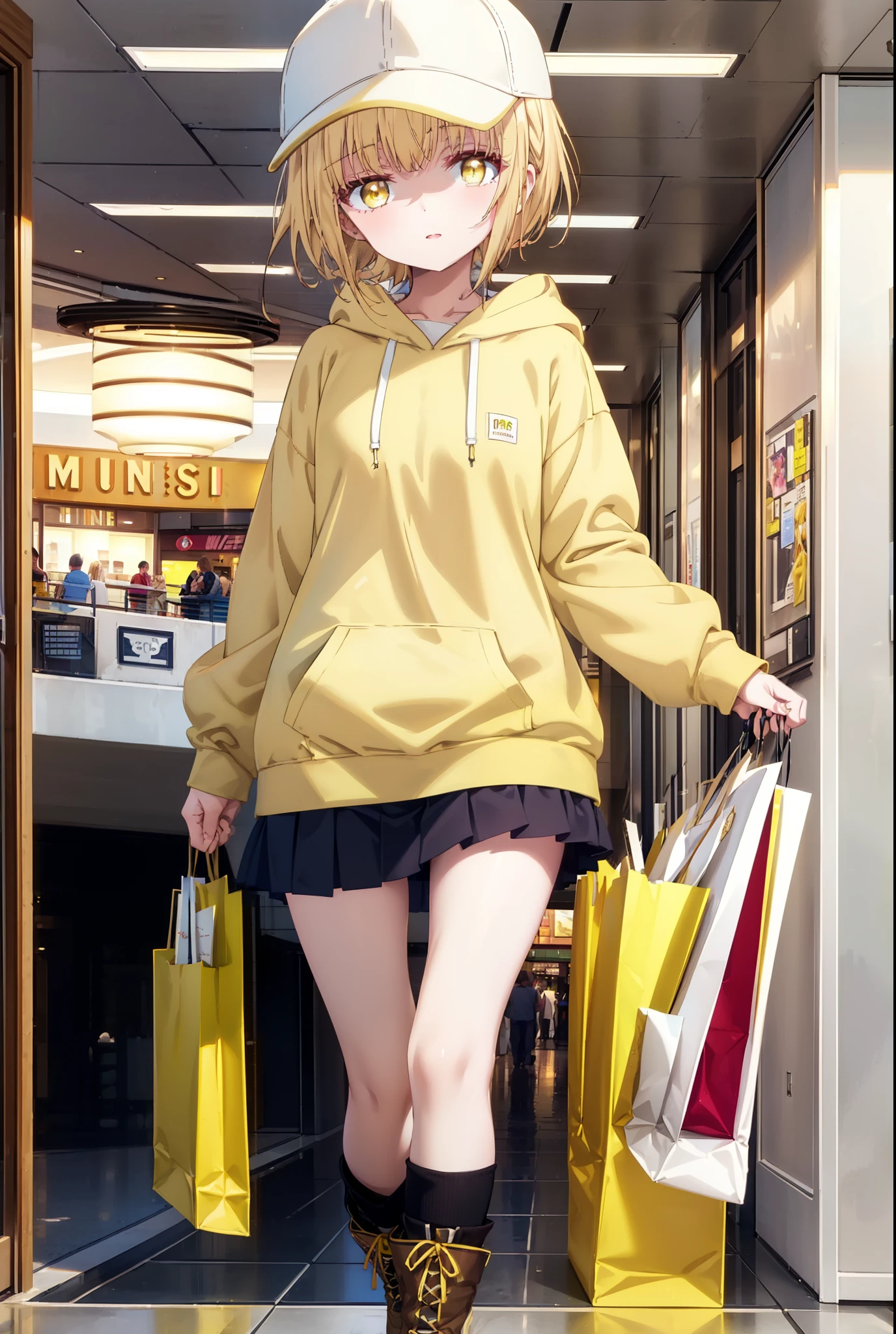 mahirushiina, Mahiru Shiina, bangs, Blonde, Brown Hair, (Yellow Eyes:1.3), smile,Open your mouth,Baseball cap,Oversized yellow hoodie,Short sleeve,mini skirt,black tights,short boots,Walking,Clear skies,Daytime,
break indoors,Shopping mall,
break looking at viewer, whole body,
break (masterpiece:1.2), Highest quality, High resolution, unity 8k wallpaper, (shape:0.8), (Fine and beautiful eyes:1.6), Highly detailed face, Perfect lighting, Highly detailed CG, (Perfect hands, Perfect Anatomy),