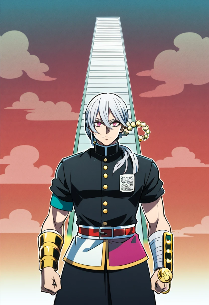 tengen uzui, anime, demon slayer style, tall man, large build, silver hair, fuschia eyes