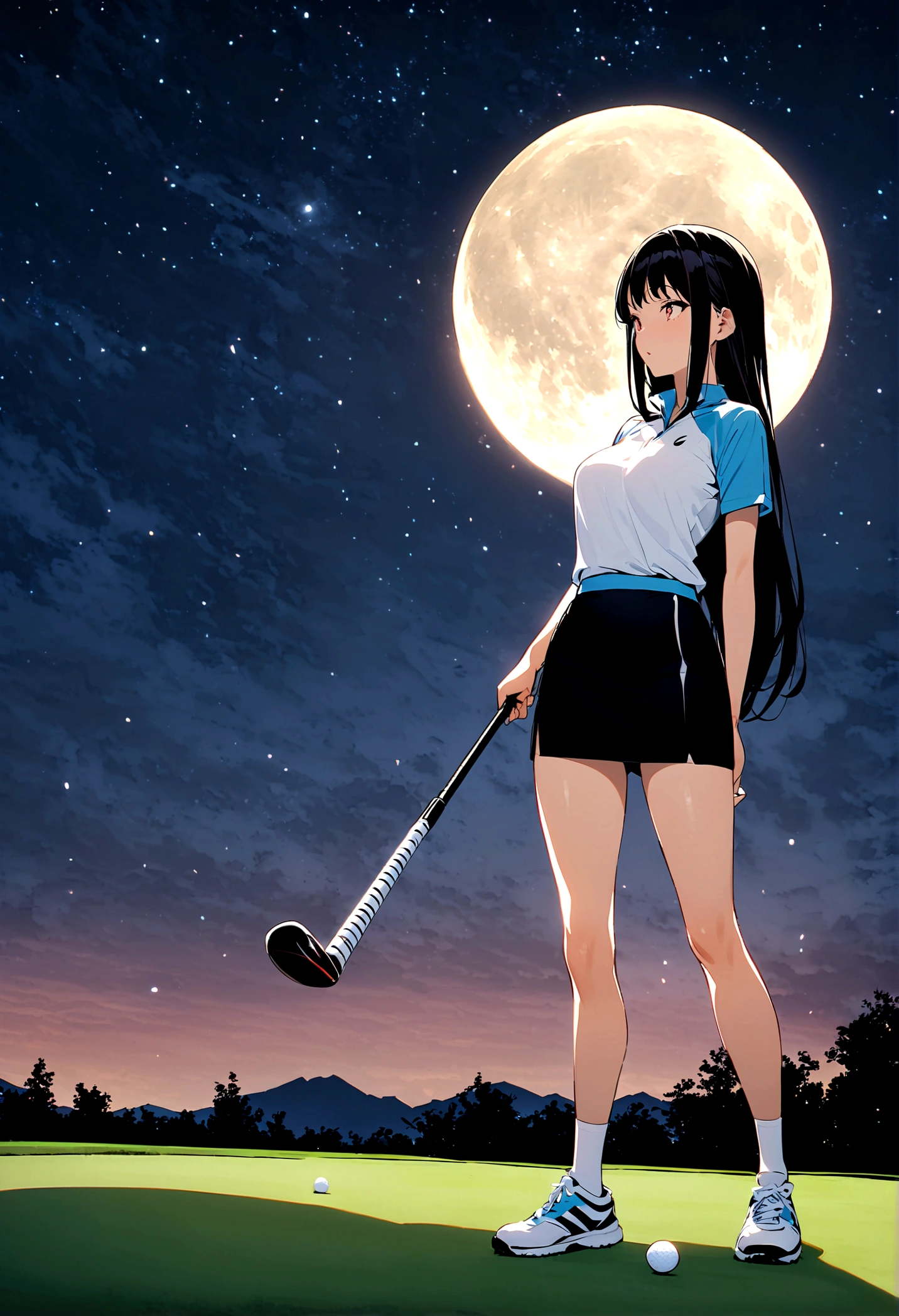 1 female、woman with very long black hair、Busty women、Spectacular views、Night Scene、The view from the top of the hill、Full moon night sky、swirling starry sky、8K、Best Quality、The woman's whole body is in the photo、The woman is wearing a miniskirt and her crotch is visible.、Standing motionless in golf wear, staring at the ball、The thong is transparent、、With a golf club