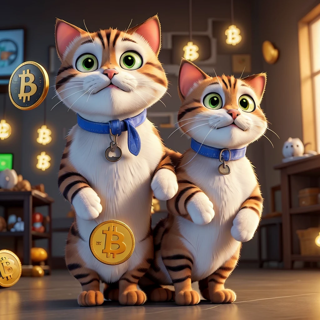 A cat holding bitcoin and surrounded by cryptocurrencies 