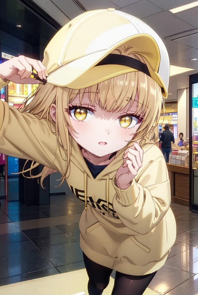 mahirushiina, Mahiru Shiina, bangs, Blonde, Brown Hair, (Yellow Eyes:1.3), smile,Open your mouth,Baseball cap,Oversized yellow hoodie,Short sleeve,mini skirt,black tights,short boots,Walking,Clear skies,Daytime,
break indoors,Shopping mall,
break looking at viewer, whole body,
break (masterpiece:1.2), Highest quality, High resolution, unity 8k wallpaper, (shape:0.8), (Fine and beautiful eyes:1.6), Highly detailed face, Perfect lighting, Highly detailed CG, (Perfect hands, Perfect Anatomy),