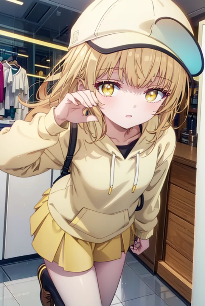 mahirushiina, Mahiru Shiina, bangs, Blonde, Brown Hair, (Yellow Eyes:1.3), smile,Open your mouth,Baseball cap,Oversized yellow hoodie,Short sleeve,mini skirt,black tights,short boots,Walking,Clear skies,Daytime,
break indoors,Shopping mall,
break looking at viewer, whole body,
break (masterpiece:1.2), Highest quality, High resolution, unity 8k wallpaper, (shape:0.8), (Fine and beautiful eyes:1.6), Highly detailed face, Perfect lighting, Highly detailed CG, (Perfect hands, Perfect Anatomy),