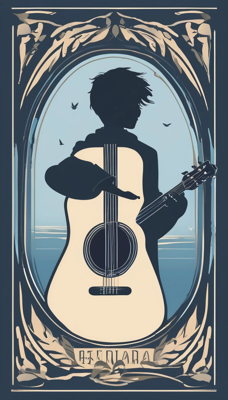 A minimal, modern, simple, cinematic logo design for the brand “Penamemoria". The logo design must be a simple, silhouette of a boy, standing up, playing acoustic guitar and fantasy feather by his side. The logo must convey a sense of music, stories, memories and dreams. Logo design impressed on a book cover. Minimalistic logo. Light blue, soft white and light golden as colors for the logo design